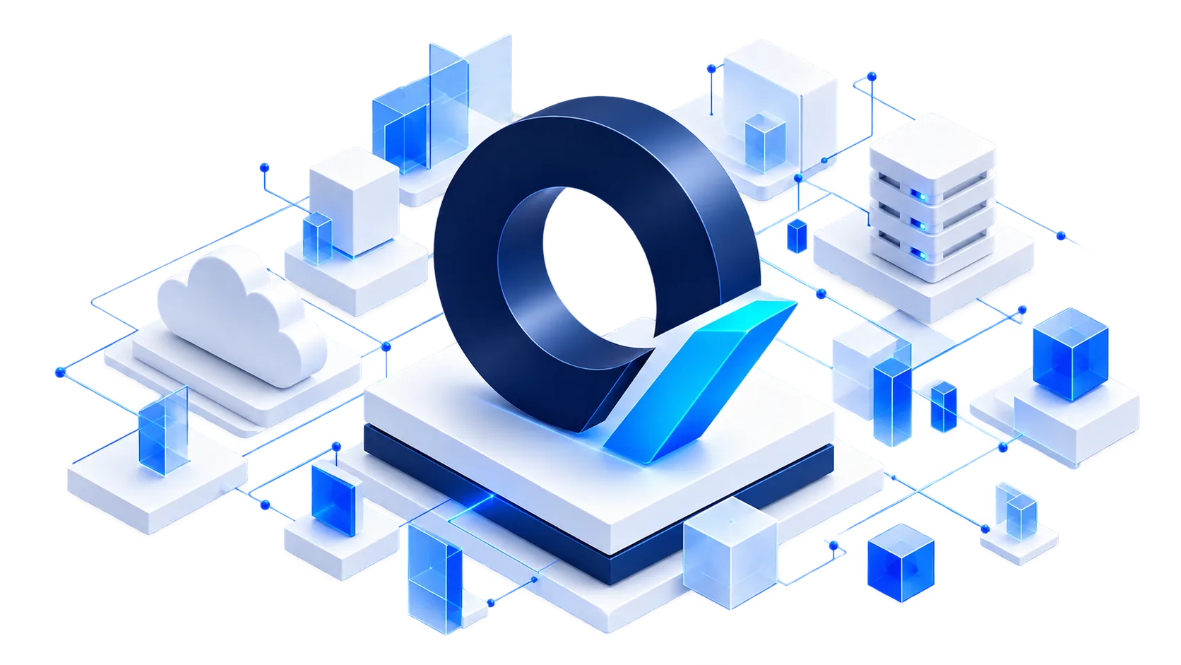 Ilustración de la marca Ogenoz sobre una plataforma conectada con servidores y servicios en la nube